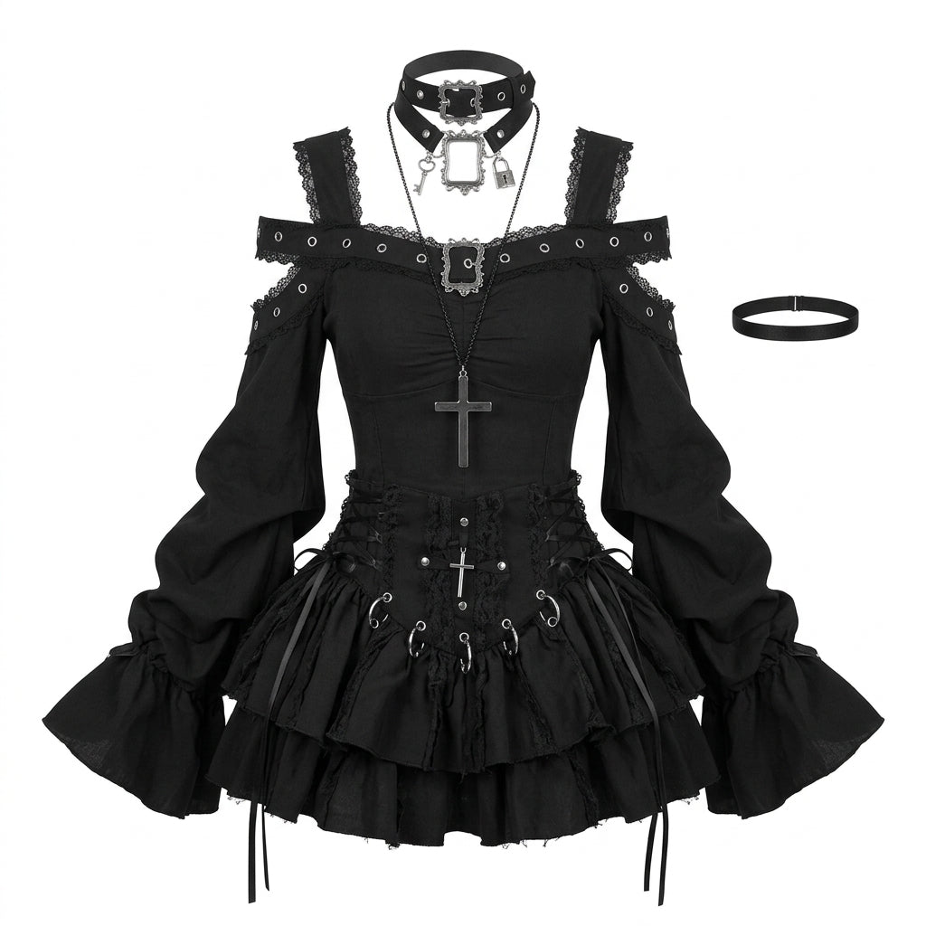 Jirai Kei Black Gothic Cross Lace Cold-Shoulder Mini Dress Set Shoptery