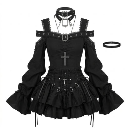 Jirai Kei Black Gothic Cross Lace Cold-Shoulder Mini Dress Set Shoptery
