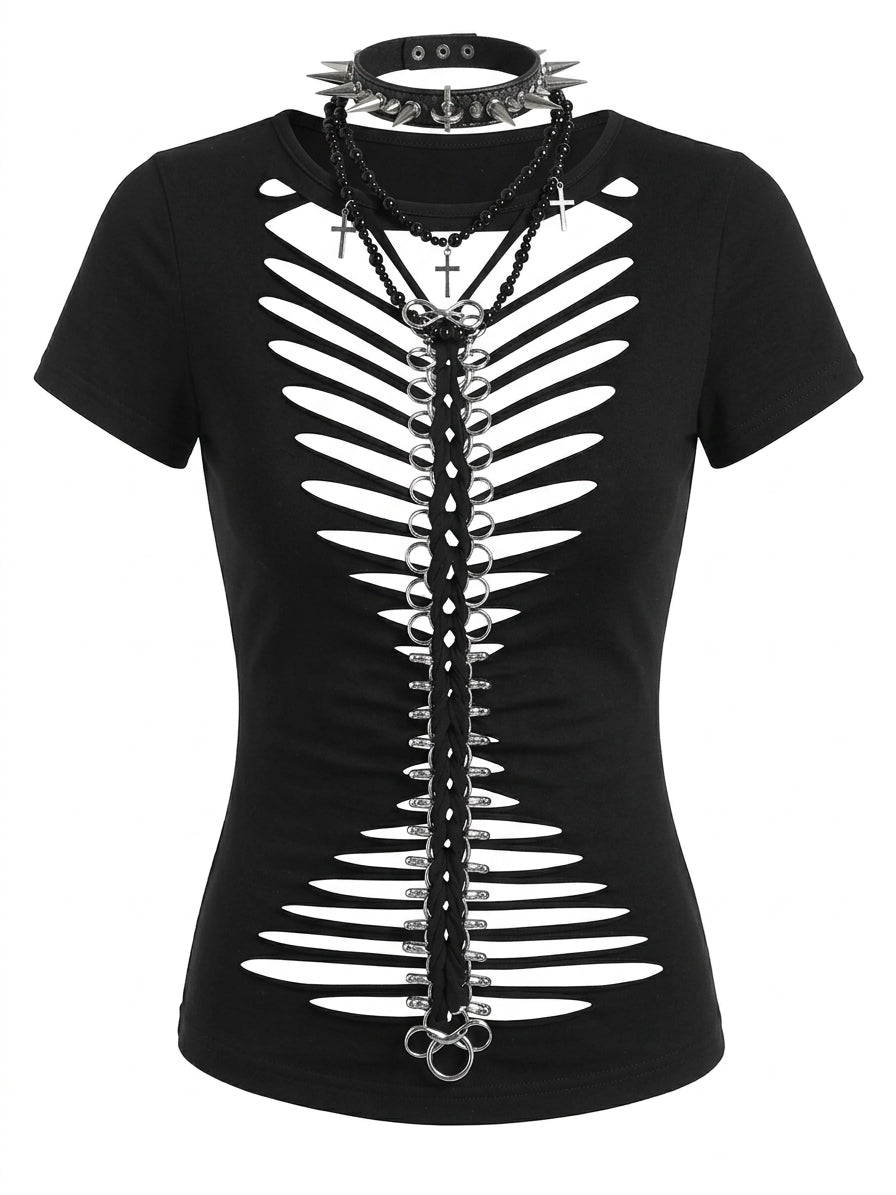 Visual Kei Slashed Fishbone Ring & Safety Pin Cutout Black Tee Shoptery