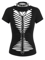 Visual Kei Slashed Fishbone Ring & Safety Pin Cutout Black Tee Shoptery