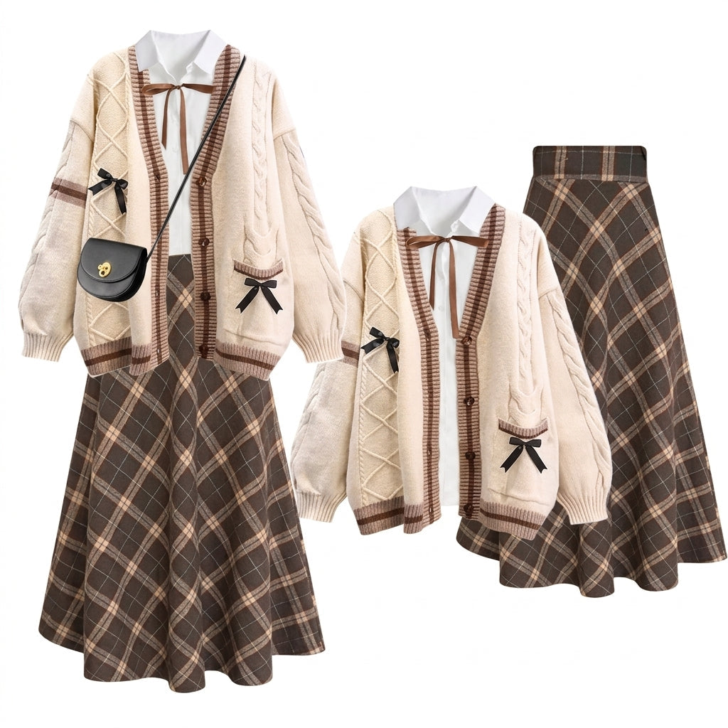 Mori Kei Cable Knit Cardigan & Plaid Skirt Set with Bow Details Two piece set 1 Shoptery Main image