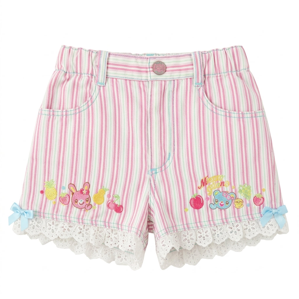 Decora Pastel Stripe Lace-Trim Shorts with Bunny Bear Fruit Embroidery Pink Shoptery
