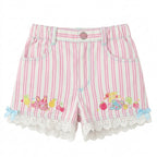 Decora Pastel Stripe Lace-Trim Shorts with Bunny Bear Fruit Embroidery Pink Shoptery