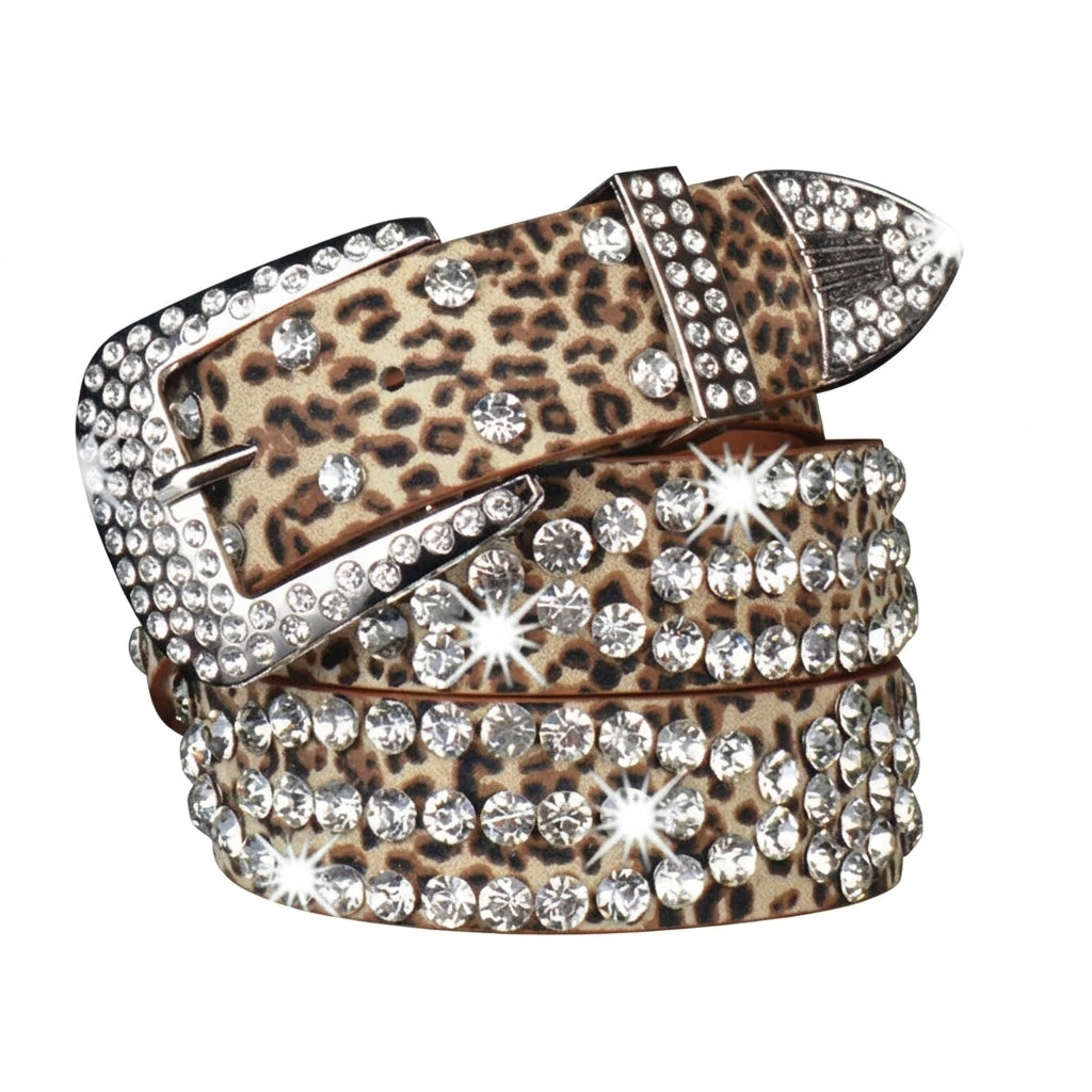 Gyaru Leopard Print Rhinestone Crystal Studded Belt Secondary image