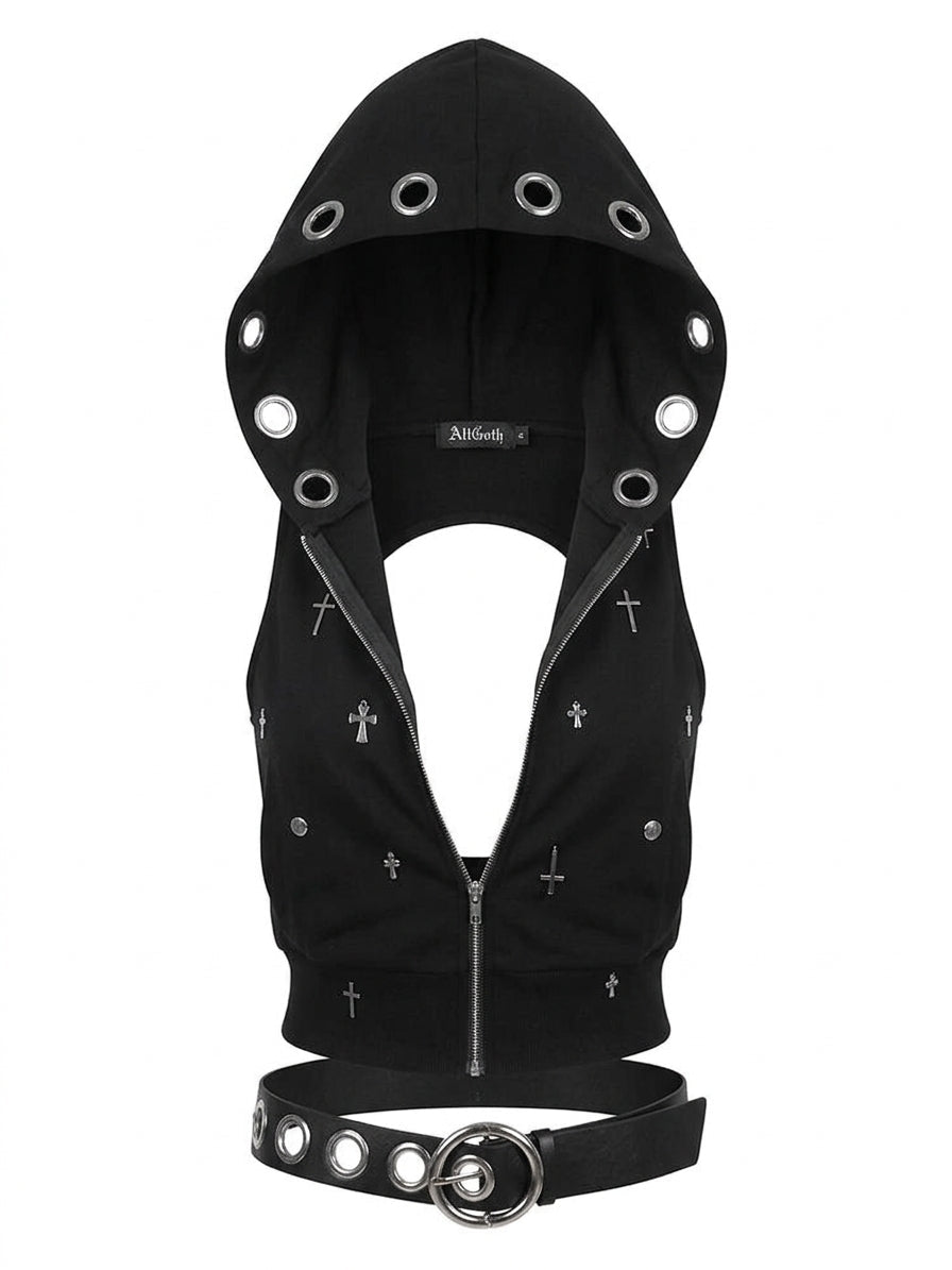 Visual Kei Cross Stud Eyelet Hooded Crop Vest with Belt Black Shoptery Main image