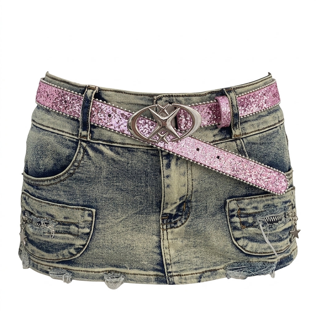 Gyaru Acid Wash Distressed Denim Mini Skirt with Pink Glitter Belt pink 104cm Shoptery