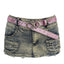 Gyaru Acid Wash Distressed Denim Mini Skirt with Pink Glitter Belt pink 104cm Shoptery