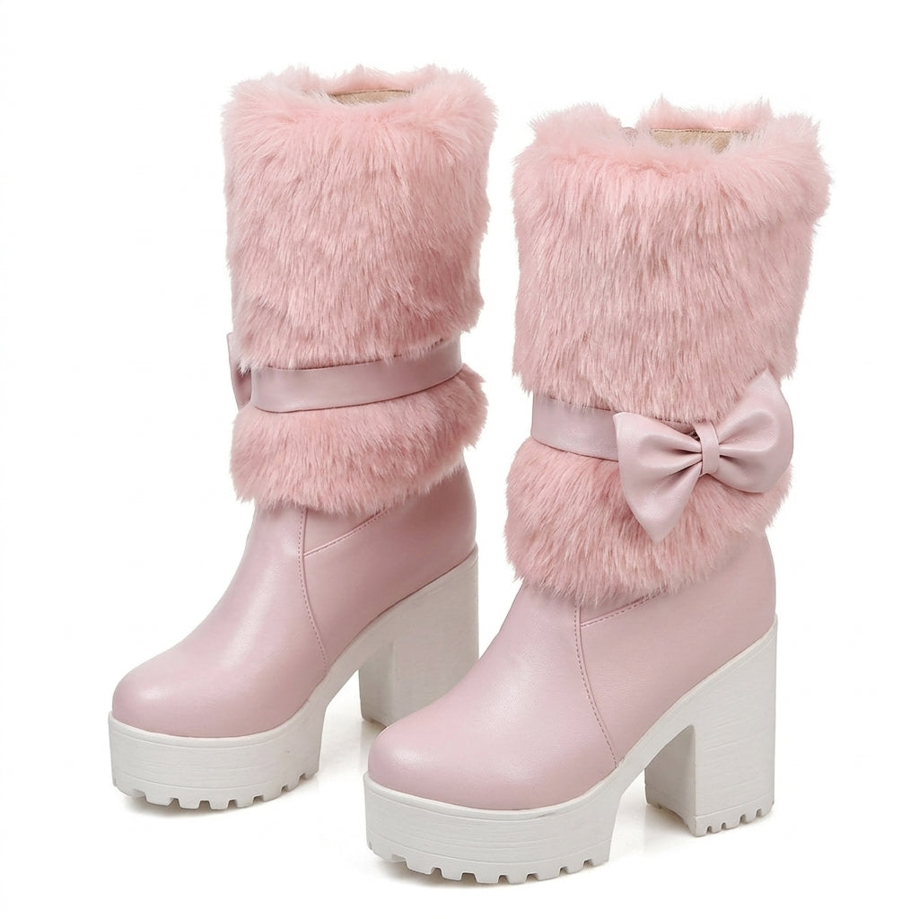 Fairy Kei Pink Faux Fur Platform Mid-Calf Boots with Bow Shoptery