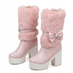 Fairy Kei Pink Faux Fur Platform Mid-Calf Boots with Bow Shoptery
