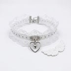 Jirai Kei White Lace Choker with Heart Bell Pendant & Angel Wings Shoptery