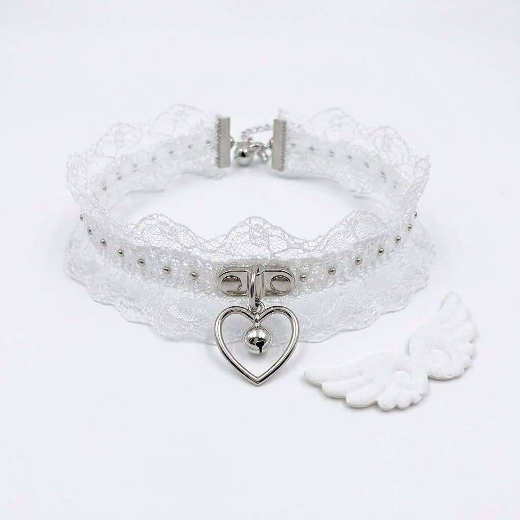 Jirai Kei White Lace Choker with Heart Bell Pendant & Angel Wings Shoptery