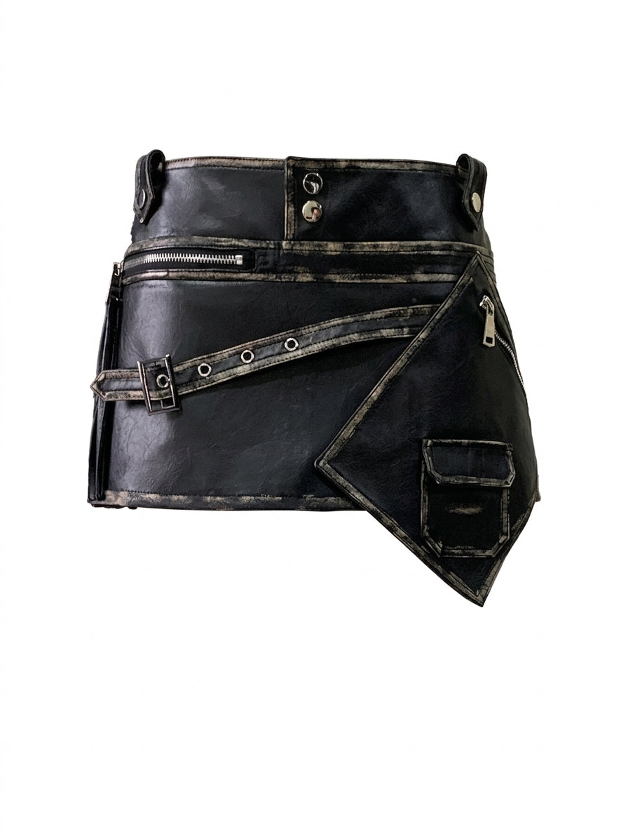 Visual Kei Distressed Faux Leather Buckle Asymmetric Mini Skirt Black Shoptery Main image