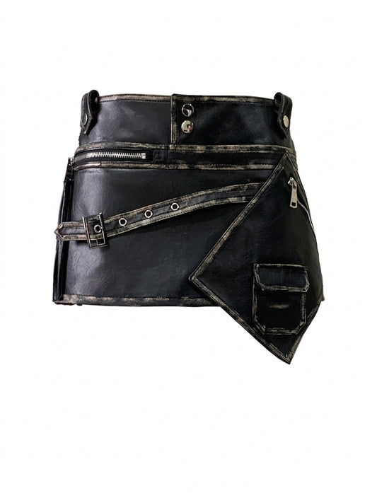 Visual Kei Distressed Faux Leather Buckle Asymmetric Mini Skirt Shoptery