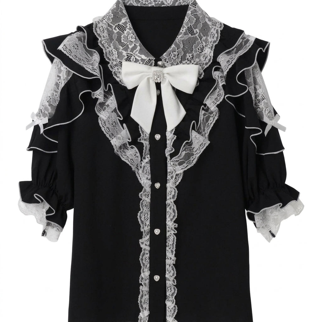 Jirai Kei Black Lace Ruffle Bow Button-Up Blouse Shoptery