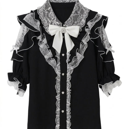 Jirai Kei Black Lace Ruffle Bow Button-Up Blouse Shoptery