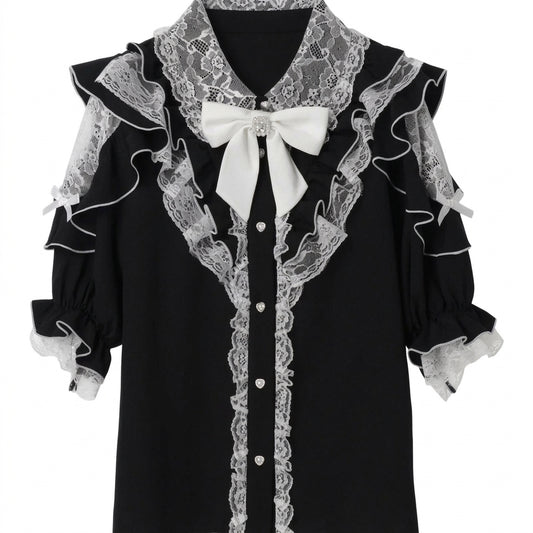 Jirai Kei Black Lace Ruffle Bow Button-Up Blouse Shoptery
