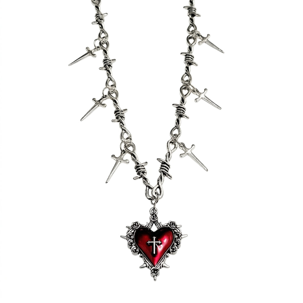 Visual Kei Barbed Wire Dagger Charm Sacred Heart Cross Necklace YF8072-1B Shoptery Main image