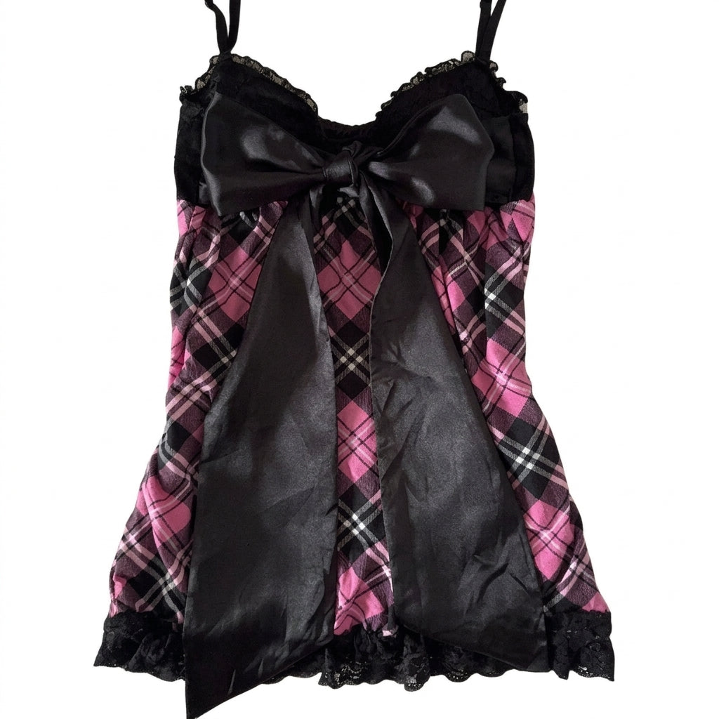 Jirai Kei Pink Tartan Plaid Satin Bow Lace Trim Cami Top Black top Shoptery
