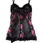 Jirai Kei Pink Tartan Plaid Satin Bow Lace Trim Cami Top Black top Shoptery