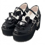 Jirai Kei Black Patent Platform Mary Janes with Rhinestone Bows Shoptery