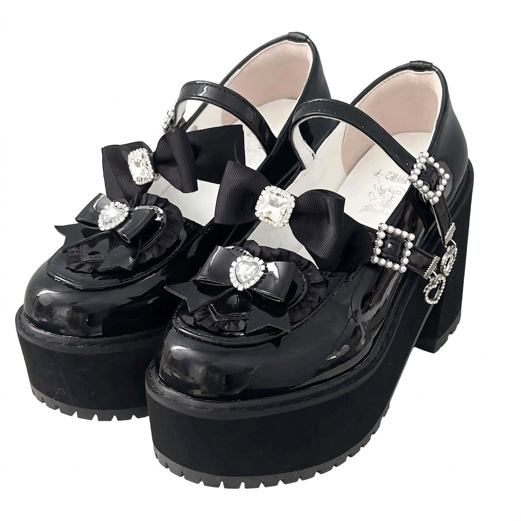 Jirai Kei Black Patent Platform Mary Janes with Rhinestone Bows Shoptery