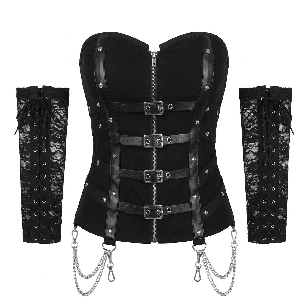 Visual Kei Black Buckle Harness Corset Top with Lace Arm Warmers black Shoptery Main image