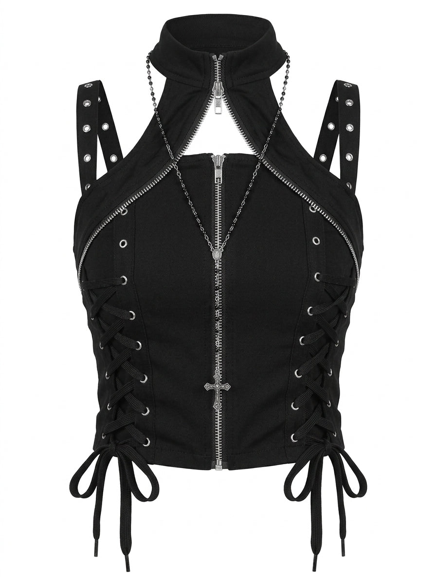 Visual Kei Cross Chain Zip Lace-Up Cutout Crop Tank Top Black Shoptery