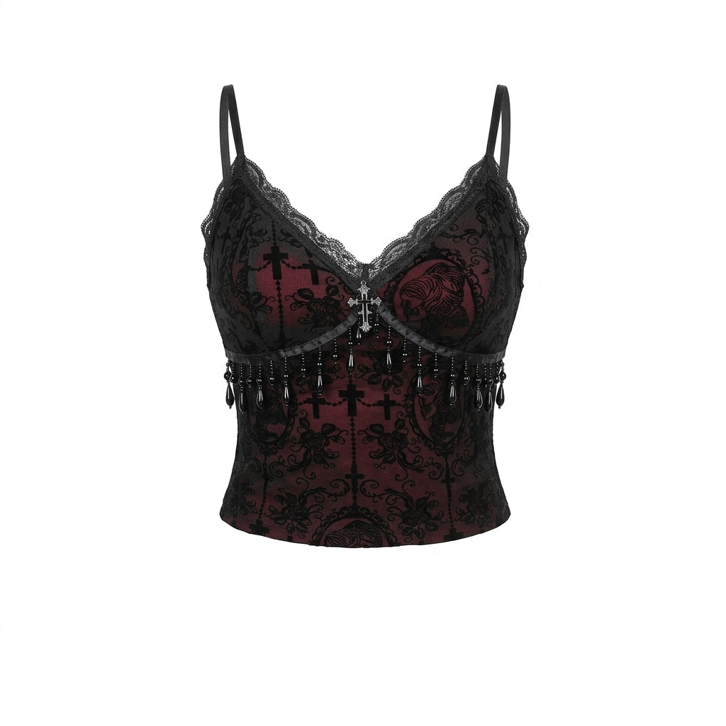 Visual Kei Gothic Cross Beaded Lace Cami Top Set with Gloves Top Without sleeves Shoptery Main image