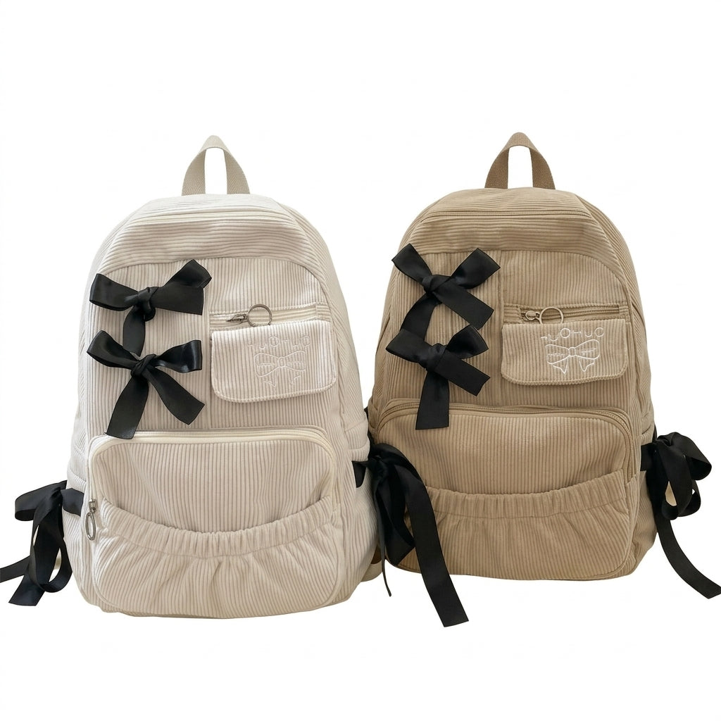 Jirai Kei Corduroy Ribbon Bow Backpack in Cream and Beige Shoptery Main image