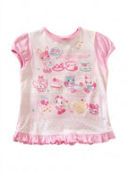 Fairy Kei Mezzo Piano Tea Party Graphic Ruffle Cotton Top Pink Shoptery