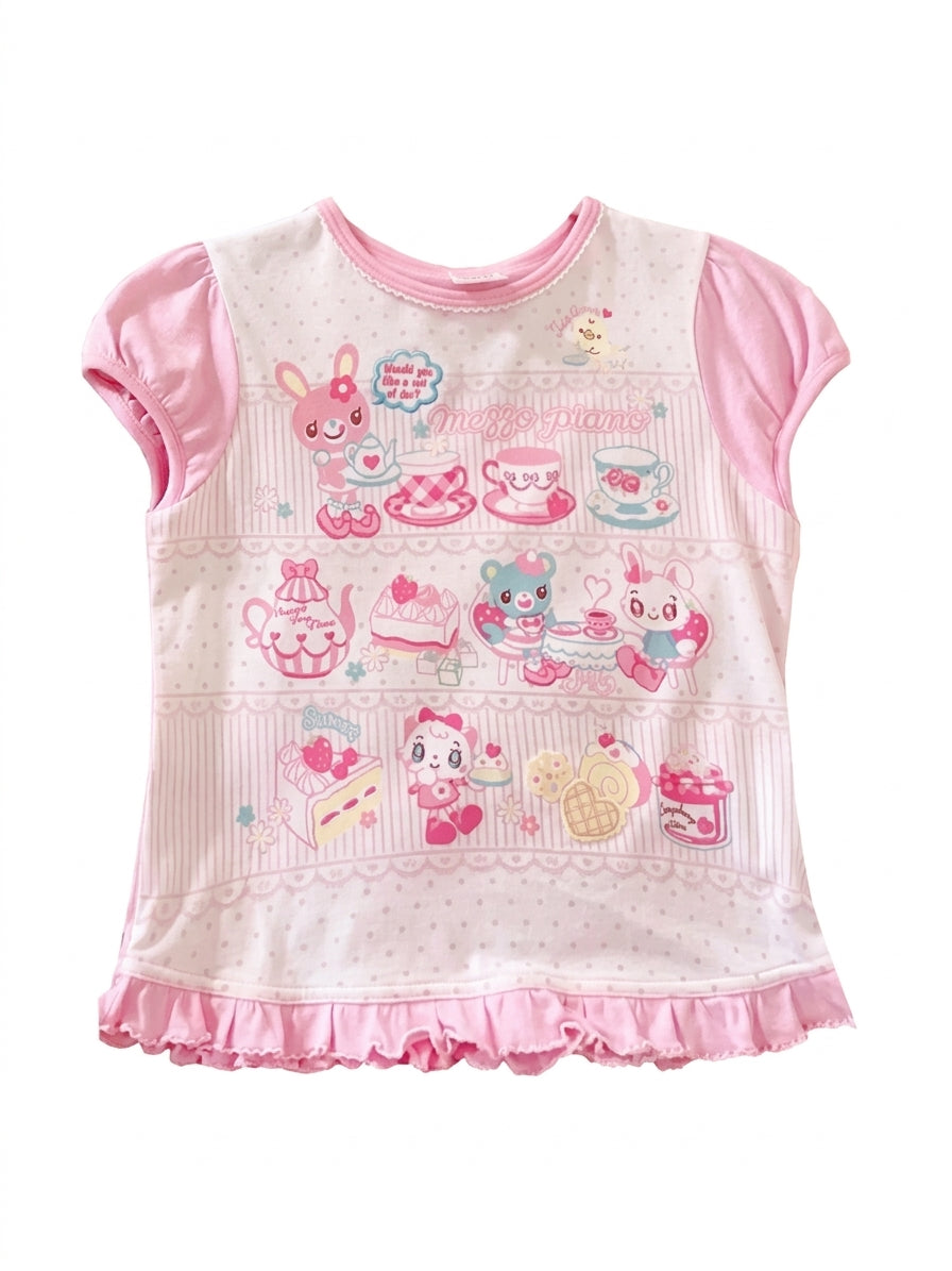 Fairy Kei Mezzo Piano Tea Party Graphic Ruffle Cotton Top Pink Shoptery