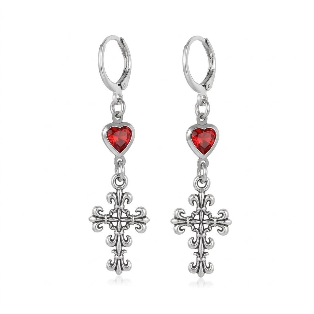 Jirai Kei Silver Ornate Cross & Red Crystal Heart Dangle Earrings silvery Shoptery Main image