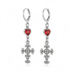 Jirai Kei Silver Ornate Cross & Red Crystal Heart Dangle Earrings silvery Shoptery