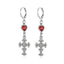 Jirai Kei Silver Ornate Cross & Red Crystal Heart Dangle Earrings silvery Shoptery