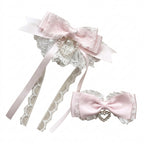 Jirai Kei Pink Satin Lace Pearl Bow Hair Clip Set Shoptery