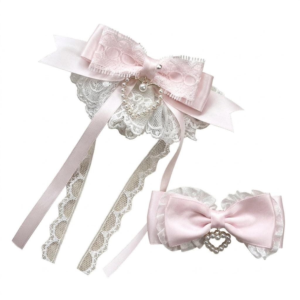 Jirai Kei Pink Satin Lace Pearl Bow Hair Clip Set Shoptery