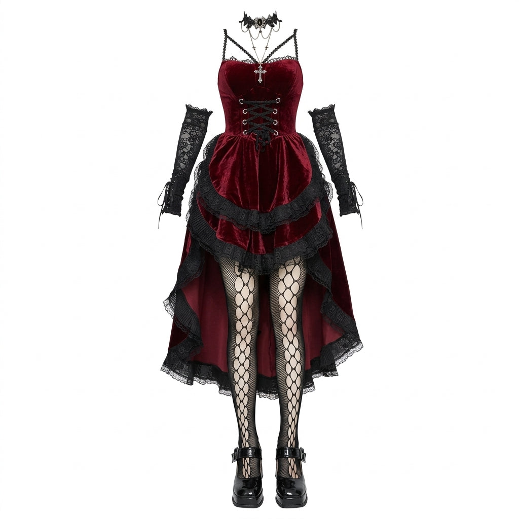 Visual Kei Velvet Lace-Up Corset Hi-Low Dress with Arm Warmers Red Shoptery Main image