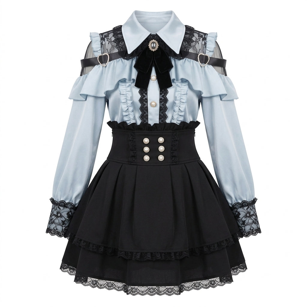 Jirai Kei Cold-Shoulder Ruffle Blouse & Lace Tiered Skirt Set Blue shirt skirt Shoptery Main image