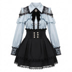 Jirai Kei Cold-Shoulder Ruffle Blouse & Lace Tiered Skirt Set Blue shirt skirt Shoptery