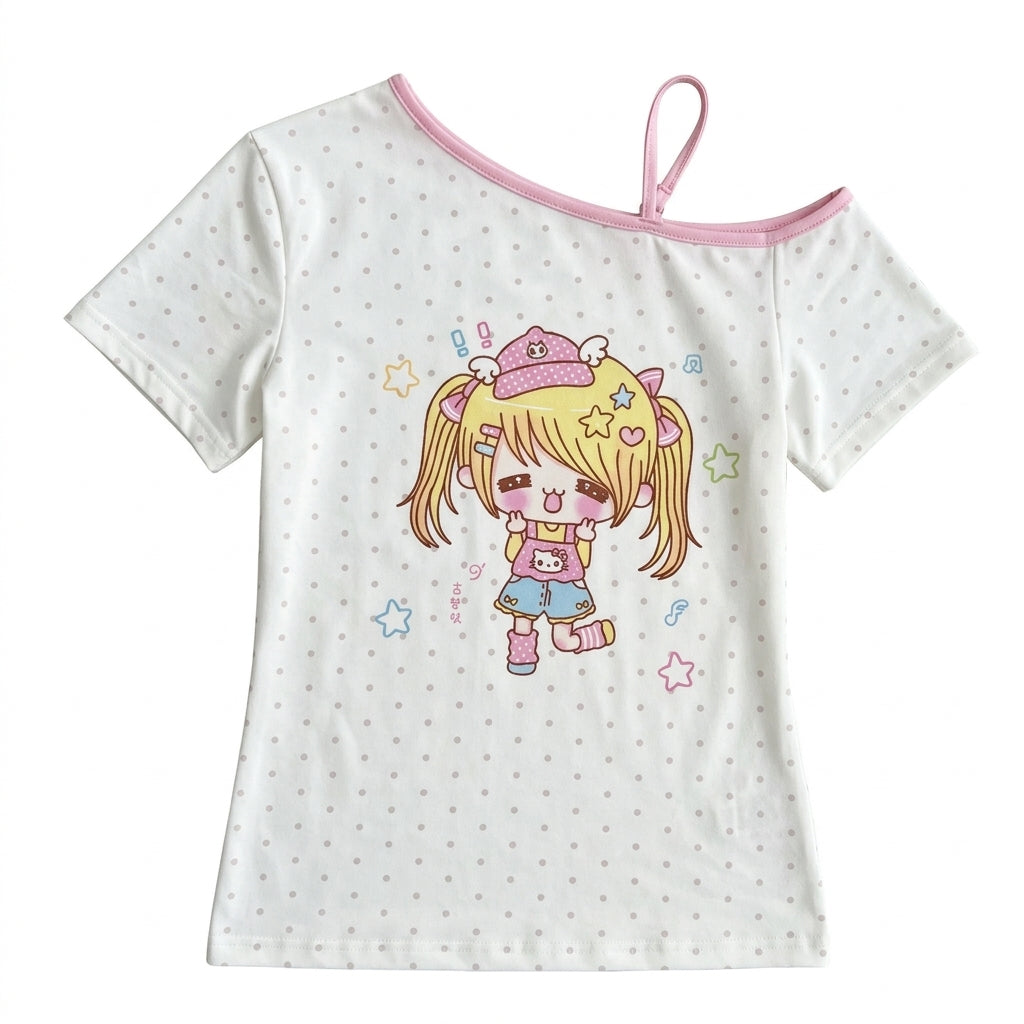 Decora Kawaii Cartoon Girl Polka Dot Off-Shoulder Tee Tops Shoptery