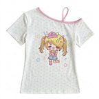 Decora Kawaii Cartoon Girl Polka Dot Off-Shoulder Tee Tops Shoptery