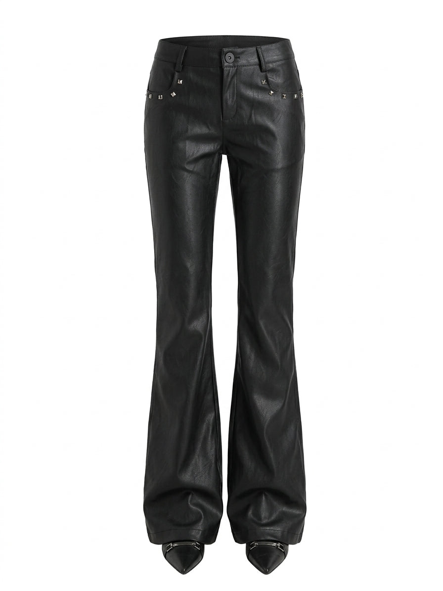 Visual Kei Studded Faux Leather Low-Rise Flare Trousers Shoptery Main image