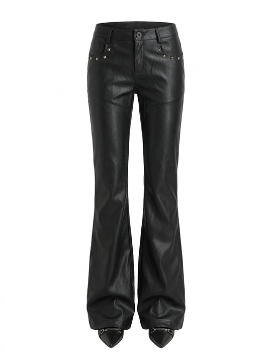 Visual Kei Studded Faux Leather Low-Rise Flare Trousers Shoptery