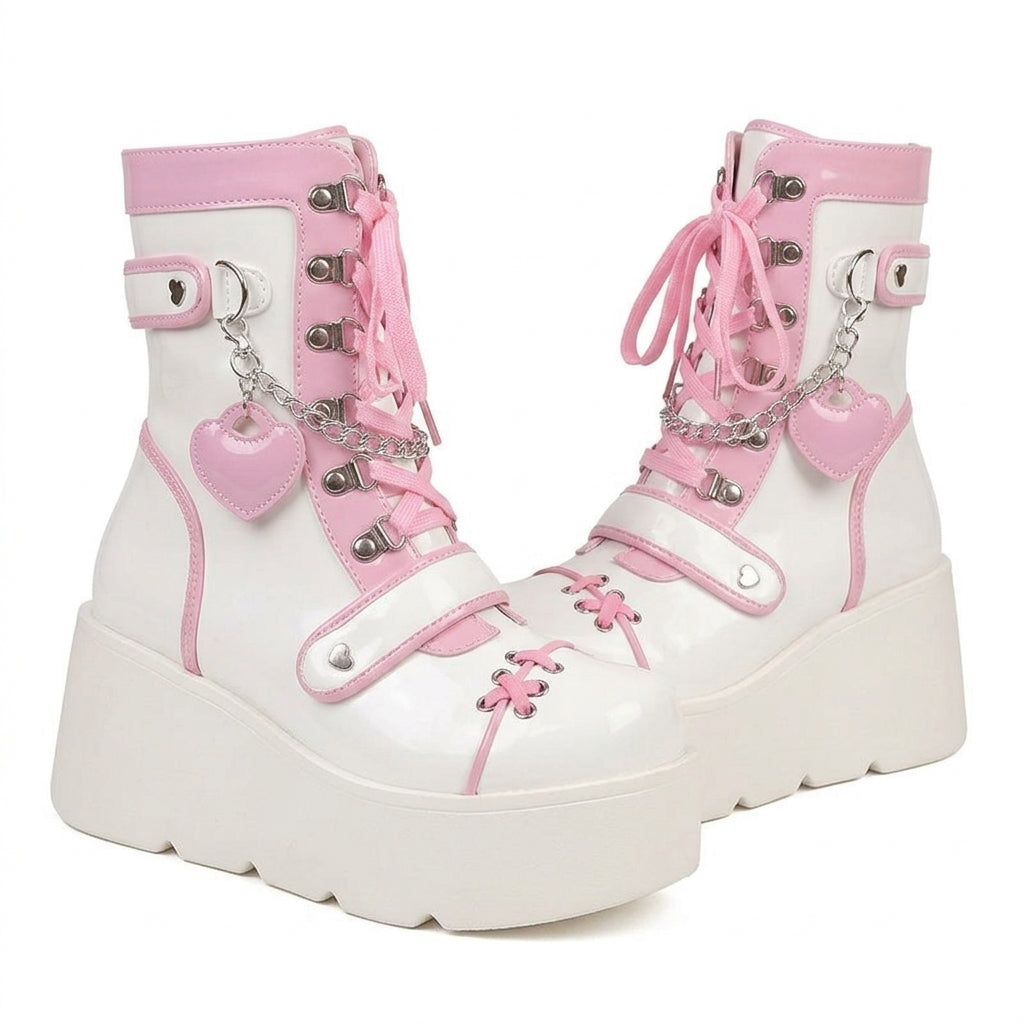 Jirai Kei Pink Heart Chain Platform Lace-Up Ankle Boots Pink Shoptery