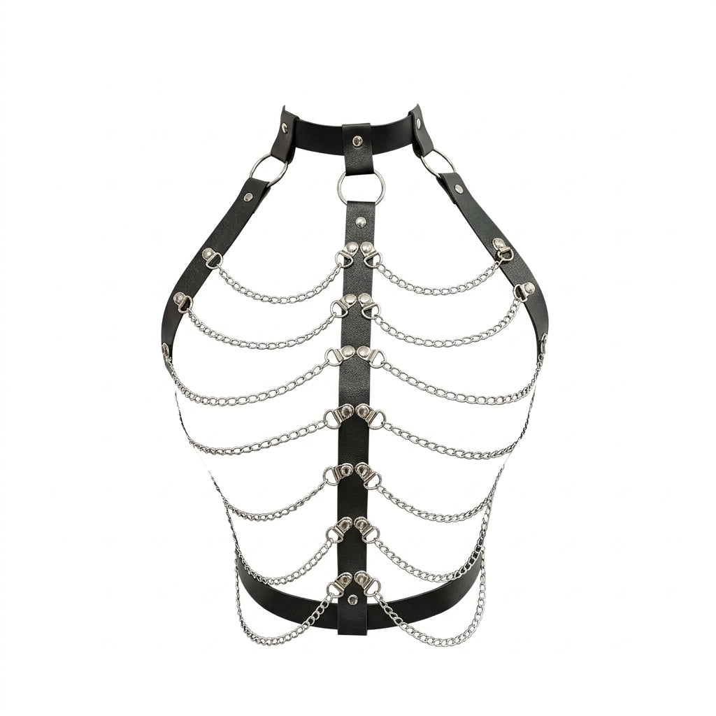 Visual Kei PU Leather Body Harness with Silver Chain Detail A Shoptery