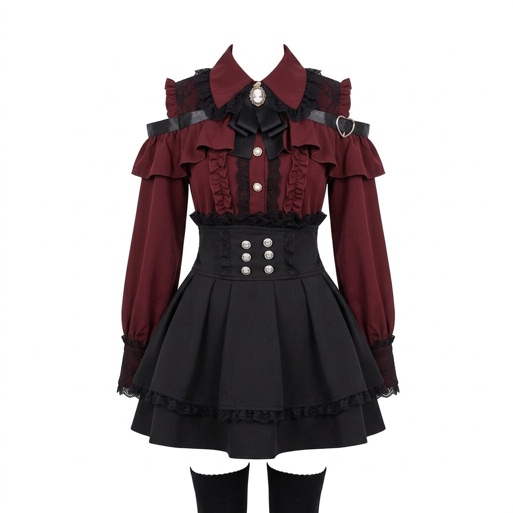 Jirai Kei Cold Shoulder Ruffle Blouse & High-Waist Pleated Skirt Set Suit 1 Shoptery
