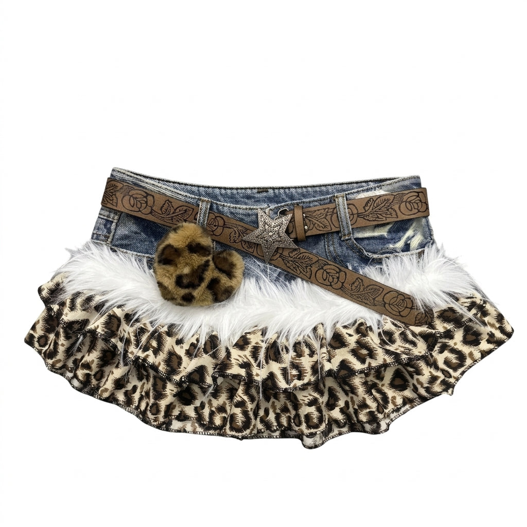 Gyaru Leopard Print Ruffle Denim Mini Skirt with Star Belt Skirt and Belt 1 Shoptery Hauptbild