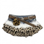 Gyaru Leopard Print Ruffle Denim Mini Skirt with Star Belt Skirt and Belt 1 Shoptery