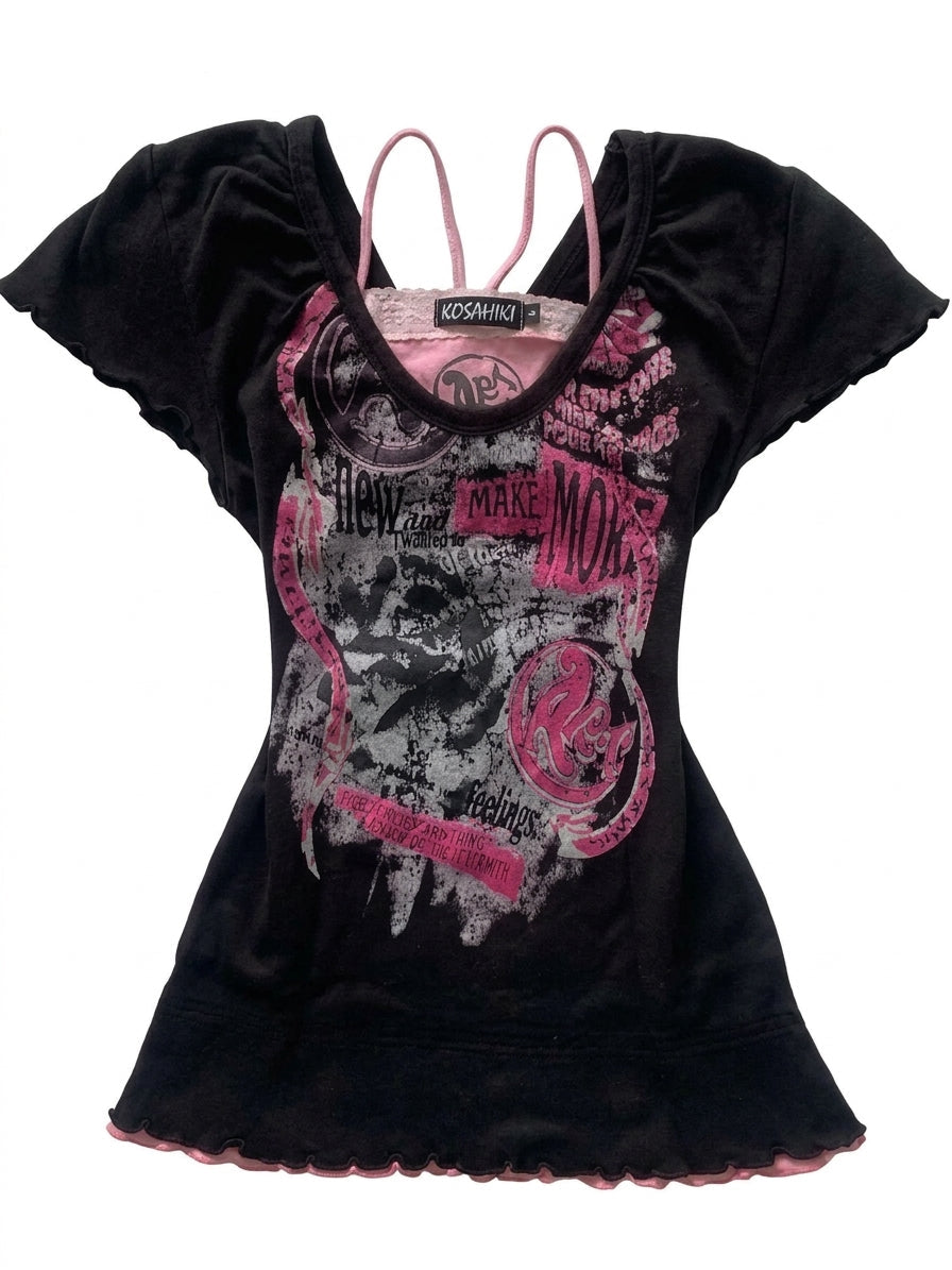 Visual Kei Skull Graphic Layered Ruffle Hem Top Pink Black Black Shoptery Main image