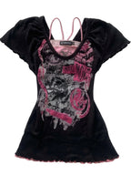 Visual Kei Skull Graphic Layered Ruffle Hem Top Pink Black Black Shoptery